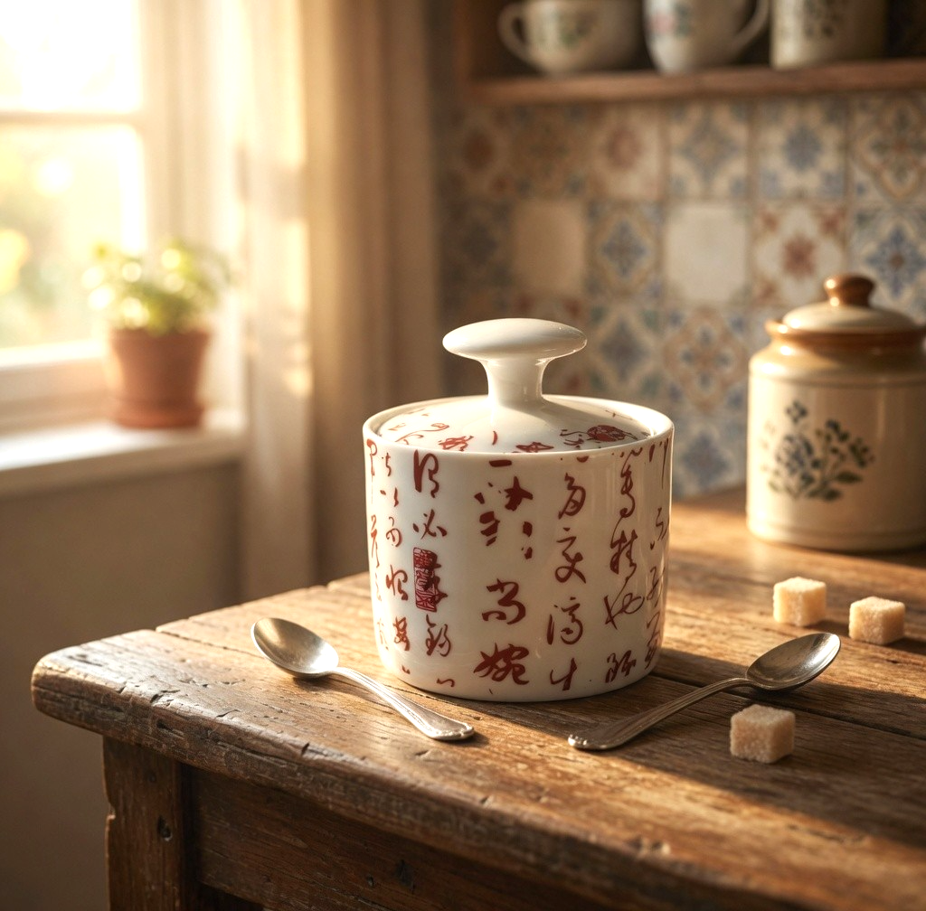 Vintage White Red Chinese Calligraphy Covered Sugar Bowl Tea Jar 3.75" Ceramic