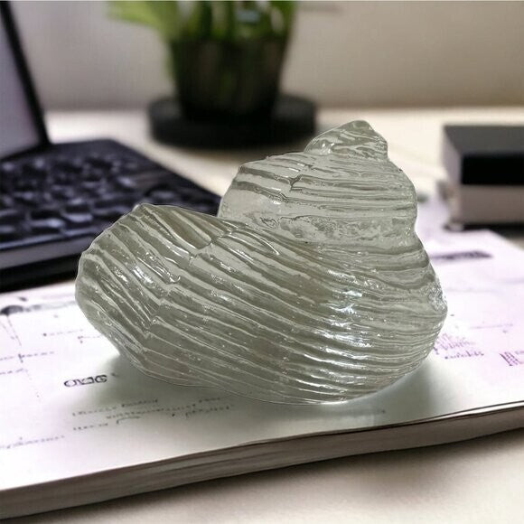 Clear Glass Seashell Paperweight Collectible Coastal Decor Art Figurine 4" Good