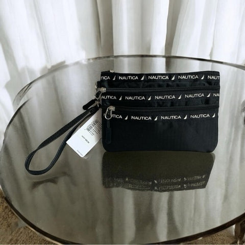 Nautica Women’s Black Nylon Triple Zip Wristlet Clutch Bag Travel NWT