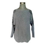 LIV Milano Grey Knit Top Lace Embroidery Rhinestone Dolman Sleeve Sz M Chic