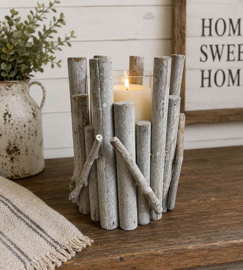 Rustic Driftwood Log Hurricane Candle Holder Glass Insert Coastal Farmhouse 6"