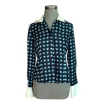 Women Shirt JONES NEWYORK Black Blue Geometric Print Silk Blouse Long Sleeve Top