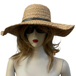 Nine West Wide Brim Raffia Floppy Sun Hat Natural Tan Dark Band Vintage VG