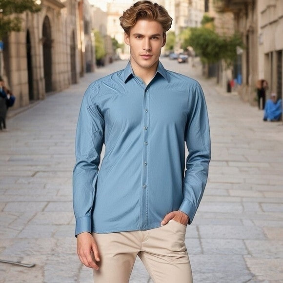 HUGO BOSS Dusty Blue Cotton Slim Fit Button Front Long Sleeve Dress Shirt 16.5