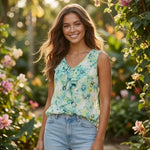 By & By Floral Ruffle Neck Sleeveless Top Lace Back Teal Yellow Womens M