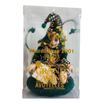 Porcelain Doll Mardi Gras 9" Jester Baby Clown Grand Casino Green Gold Vintage