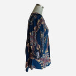 FREE PEOPLE Girl Talk Tunic XS Blue Paisley V Neck Balloon Sleeve Boho VG