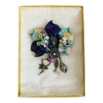 Jekari Designs Silver Tone Multicolor Crystal Floral Brooch Pin 2"x1.25" NIB
