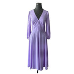 Lilac White Dot Fit Flare Maxi Dress L V-Neck Long Sleeve Prom Cocktail EXC