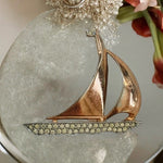 Rare Vintage Sailboat Gold-Tone Rhinestone Pin Brooch Women Jewelry