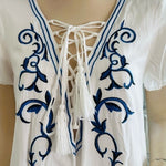 Lulus Down in Kokomo Mini Dress M White Blue Tassel Floral Embroidery Rayon EXC