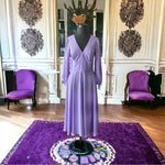 Lilac White Dot Fit Flare Maxi Dress L V-Neck Long Sleeve Prom Cocktail EXC