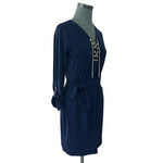 MICHAEL KORS Womens Dress M Navy Blue Midi Gold Chain Lace Up Belted Flowy NWOT