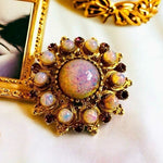 Vintage Round Iridescent Fire Opal Bead Purple Crystal Brooch Pin 1.5" NWOT
