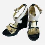 SHOEDAZZLE MORGANA Black Gold White Open Toe Platform Wedge Sandals Size 8