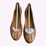 TORY BURCH Benton 2 Travel Leather Ballet Flats Royal Tan Gold Size 5.5 NIB