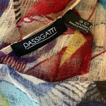PASSIGATTI Italy Multicolor Abstract Print Fringe Scarf 76x28 Cotton Linen Mesh