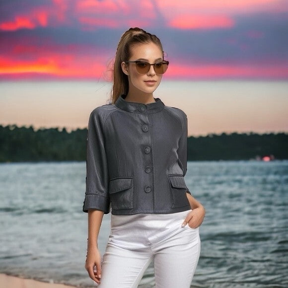 Easy Wear Women's Distressed Black Glossy Blazer S Cropped 3/4 Sleeve France VG