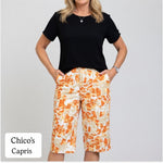 Chico's Womens Orange Tan Floral Print Capris Size 1.5 (US 10) Stretch Cotton VG