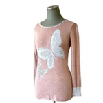 Embellished Butterfly Wool Crewneck Sweater Women’s Brown Gray Long Sleeve Sz S