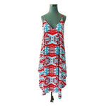 Tyche Women's Red Vivid Abstract Print Asymmetrical Midi Dress M Spaghetti NWT