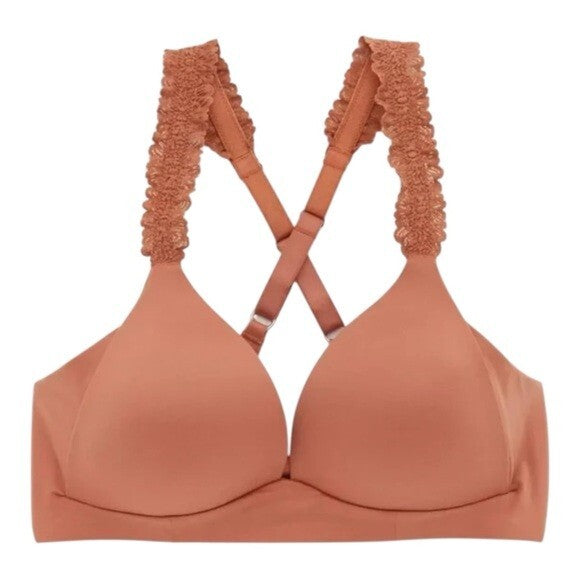 AERIE Womens Bralette 34D Burnt Orange Wireless Retro Floral Lace Racerback Bra