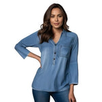 Massini Women's Light Blue Denim Tunic Shirt M Half Button Front Long Sleeve VG