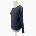 DKNY Women's Black Lace Trim Long Sleeve Sweater M Wool Blend Crew Neck VG