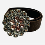 Women Brown Embossed Leatherette Belt Flower Rhinestone Metal Buckle 36" 2" Wide