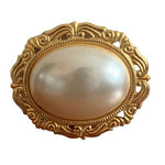 Vintage Gold Tone Oval Brooch 2.25" Victorian Style White Pearl Bead Pin VG