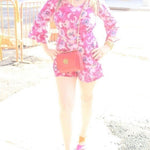 DALIA Womens Romper 6 Pink Floral Bell Sleeve V Neck Multicolor Pockets VG