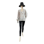 HALOGEN Womens Balloon Sleeve Blouse M Champagne Glitter Velvet V Neck Top EXC