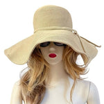 Vintage Beige Woven Bucket Hat Womens Wide Brim Sun Protection Rope Bow One Size