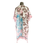 Womens Swimsuit Cover Up Blue Pink Floral Hawaiian Fringe Open Front Tunic OS VG