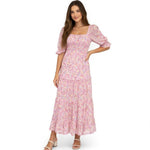 R. Yiposha Pink Multicolor Floral Midi Dress Milkmaid Tiered Square Neck Size S