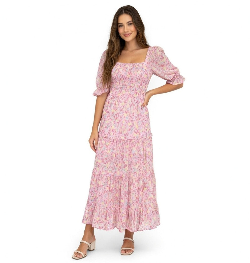 R. Yiposha Pink Multicolor Floral Midi Dress Milkmaid Tiered Square Neck Size S