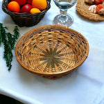 Wicker Round Basket Tan Natural Weave 9" Fruit Bread Storage Green Trim VG