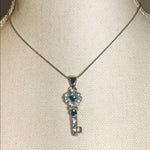 Women's Blue White Crystal Key Pendant Necklace 1.5" Silver Tone Costume VG
