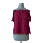 MIAMI Womens Off Shoulder Blouse S Wine Red Lace Floral Bow Short Sleeve Top NWT