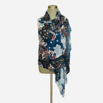 Floral Paisley Scarf 70"x28" Navy Blue Flower Print Shawl 100% Polyester EXC