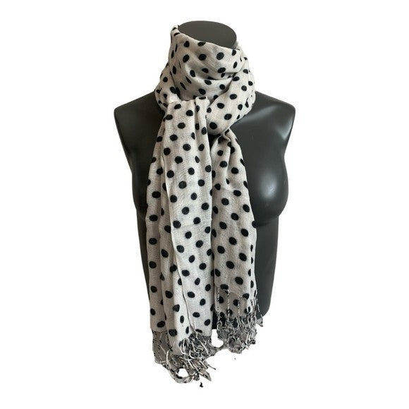Women's Polka Dot Scarf 22"x74" Black White Fringe Viscose Summer Wrap Sheer VG