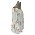 FEVER Womens Floral Print Blouse S White Multicolor Off Shoulder Bell Sleeve NWT
