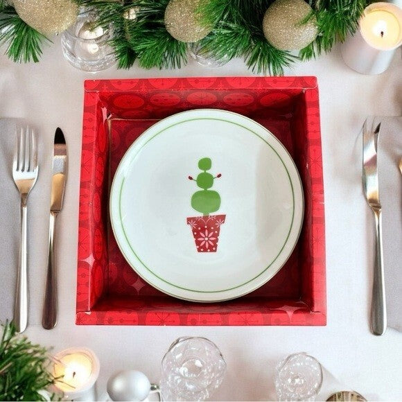 STARBUCKS 2006 Christmas Holiday Ceramic Snowman Tree Dessert Plates Set of4 NIB