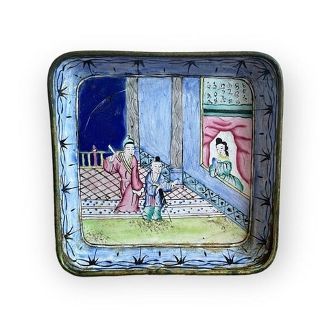 Antique Canton Enamel on Copper Plate 4.25" Hand-Painted Square Tray 1800s