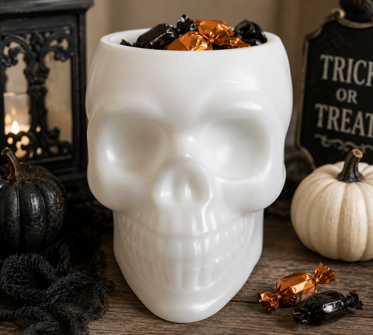 White Skull Shaped Candy Bowl Planter Halloween Gothic Decor  Matte VG