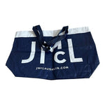 J McLaughlin Logo Tote Bag 21"x12" Blue White Plastic Beach Shopping Shopper VG