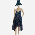 ECOTE High-Low Dress Size M Navy Blue Pink Floral Sheer Double Layer Very Good
