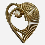 Vintage 1960s Heart Brooch 1.5" Gold Tone Pearl Accent Pin Textured Good