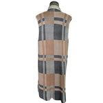 Women's 1775 Long Plaid Vest Cardigan Size M Open Front Sleeveless Tan Blue EXC