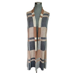 Women's 1775 Long Plaid Vest Cardigan Size M Open Front Sleeveless Tan Blue EXC